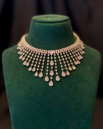 Rose Gold Finish Diamond Look Bridal Choker Necklace Set | L10396