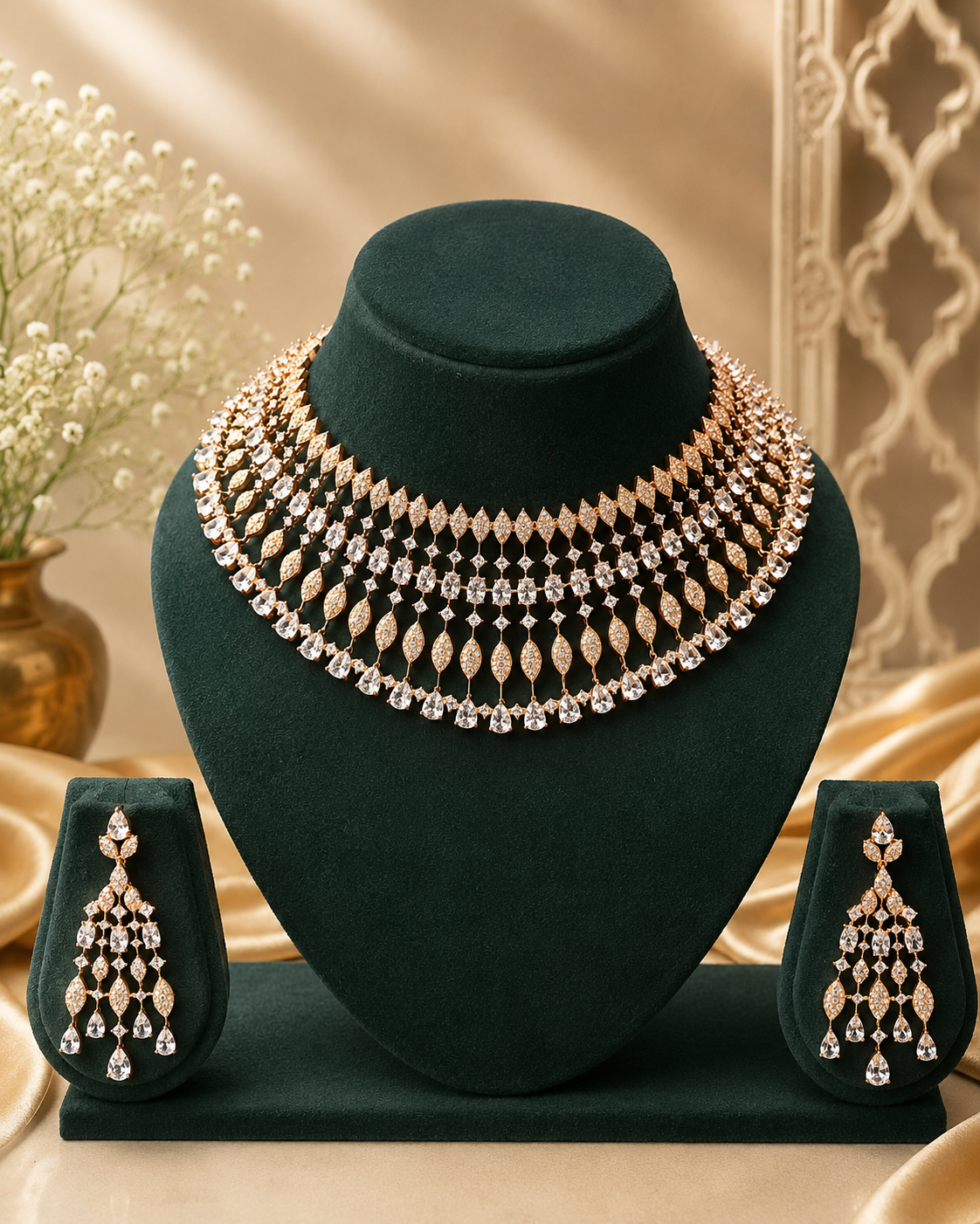 Rose Gold CZ Diamond Bridal Choker Necklace Set with Chandelier Earrings | L10410