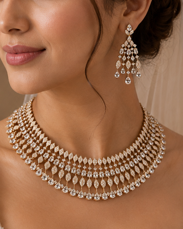 A woman in a white lace bridal gown wearing a multi-strand diamond necklace and matching drop earrings, with a veil in a softly lit indoor setting.