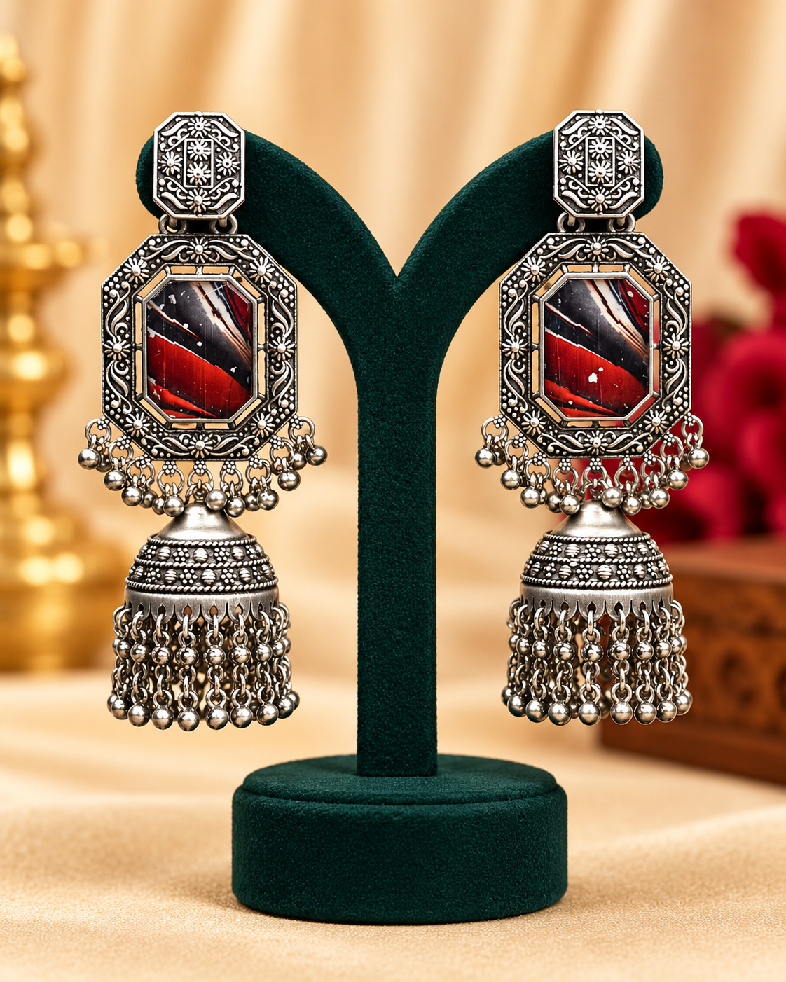 Oxidised Silver Jhumka Earrings with Stone, Vintage Tribal Design & Hanging Bead Details | L11900
