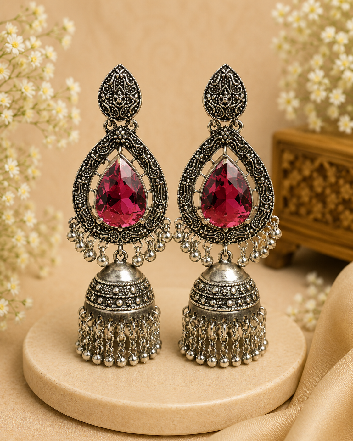 Multi Shade Stone Oxidized Jhumka Earrings - P1 | L11900
