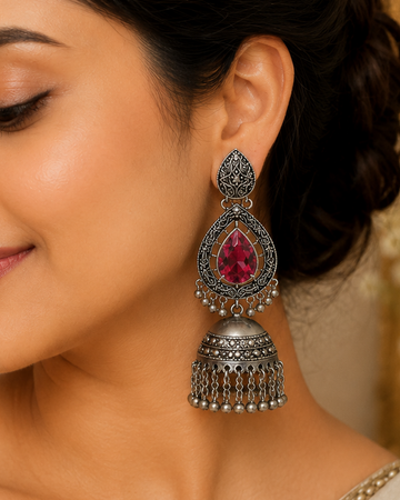 Multi Shade Stone Oxidized Jhumka Earrings - P1 | L11900