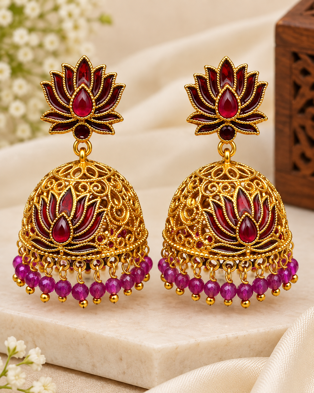 Red Lotus Jhumka Earrings - P1 | L14802