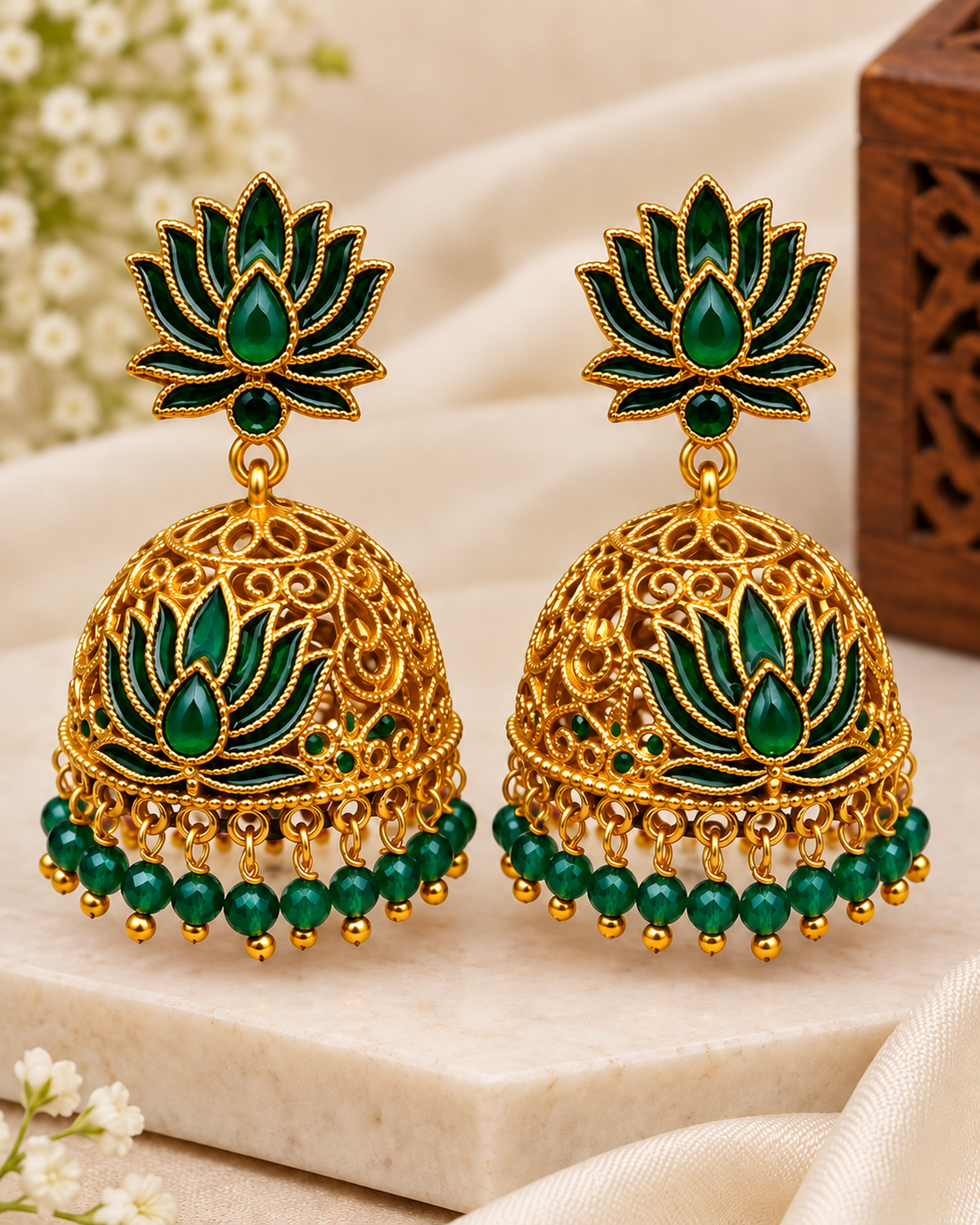 Green Lotus Jhumka Earrings - P3 | L14802
