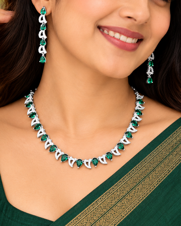 Elegant Green Stone Necklace Set with Matching Earrings | L15688