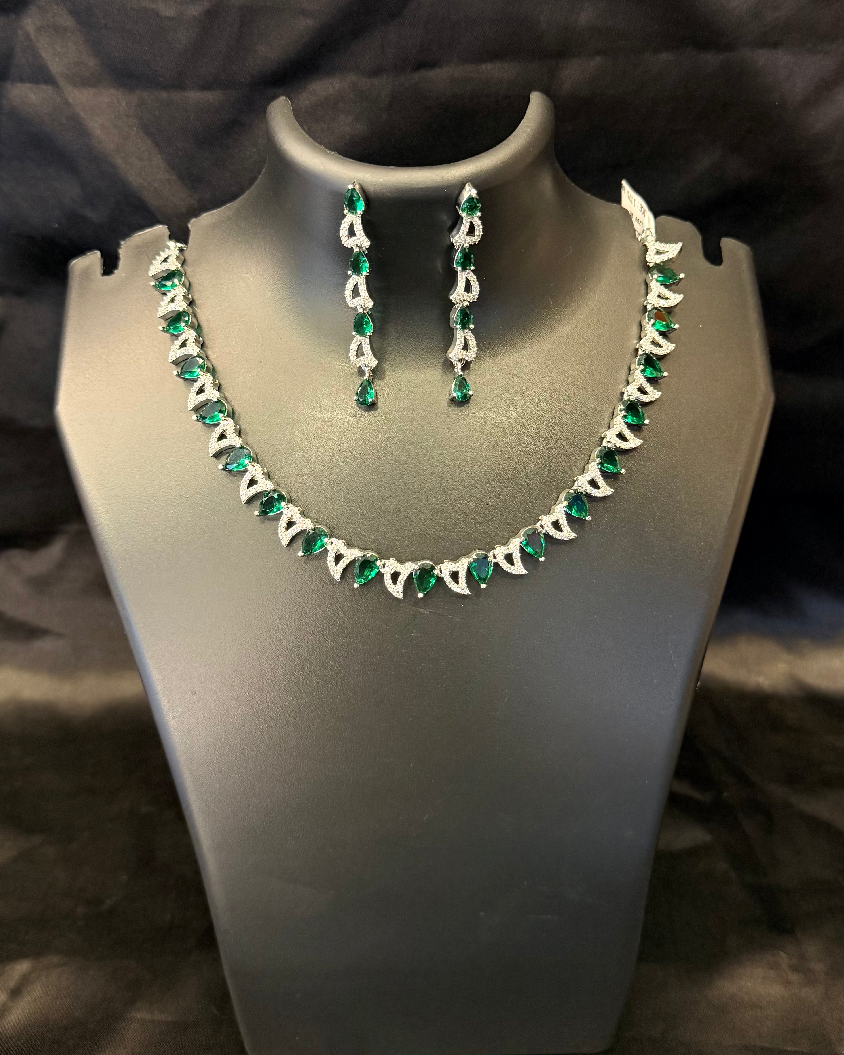 Elegant Green Stone Necklace Set with Matching Earrings | L15688