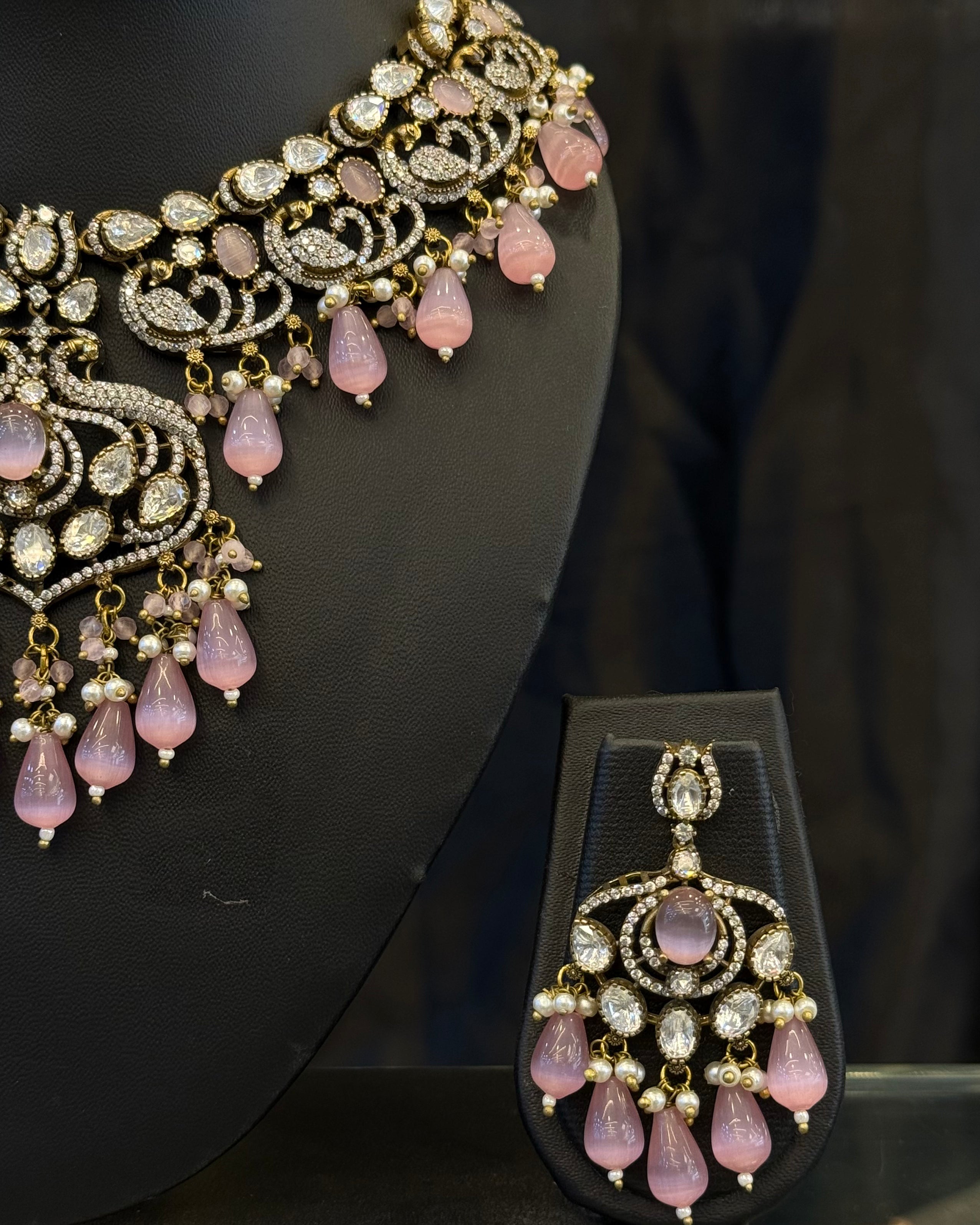 Premium Gold-Tone Pink Stone Statement Necklace Set with Crystal Embellishments and Drop Earrings | L15746