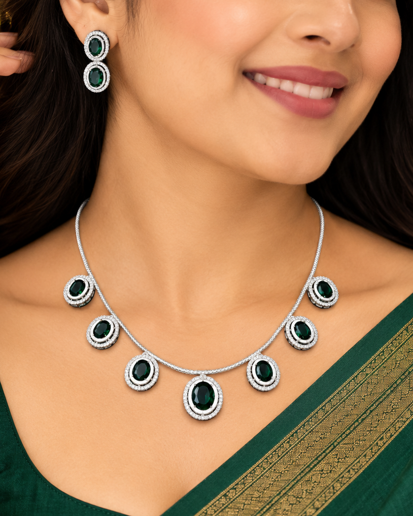 Elegant Emerald Green Stone Necklace Set with Matching Earrings | L16381