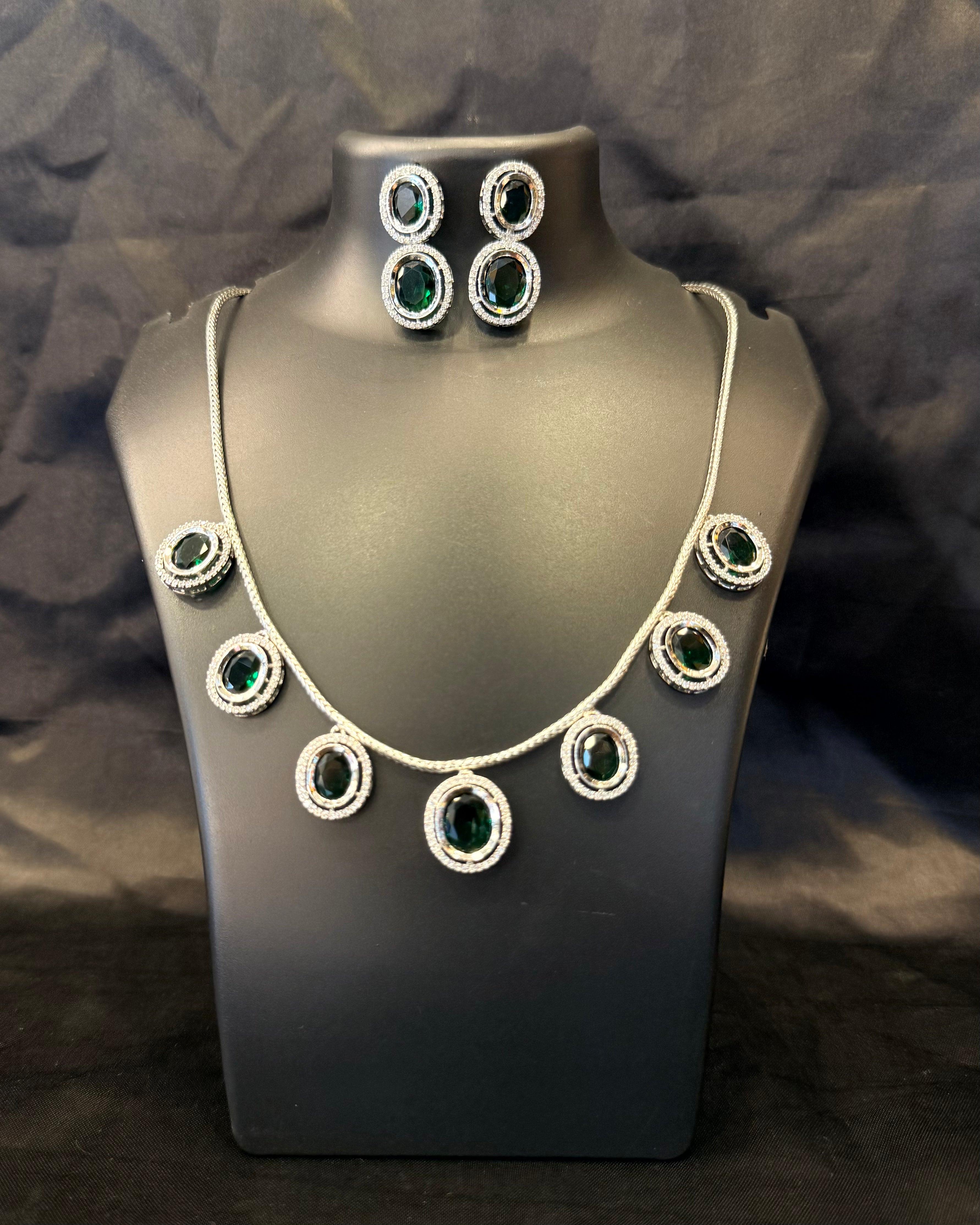 Elegant Emerald Green Stone Necklace Set with Matching Earrings | L16381
