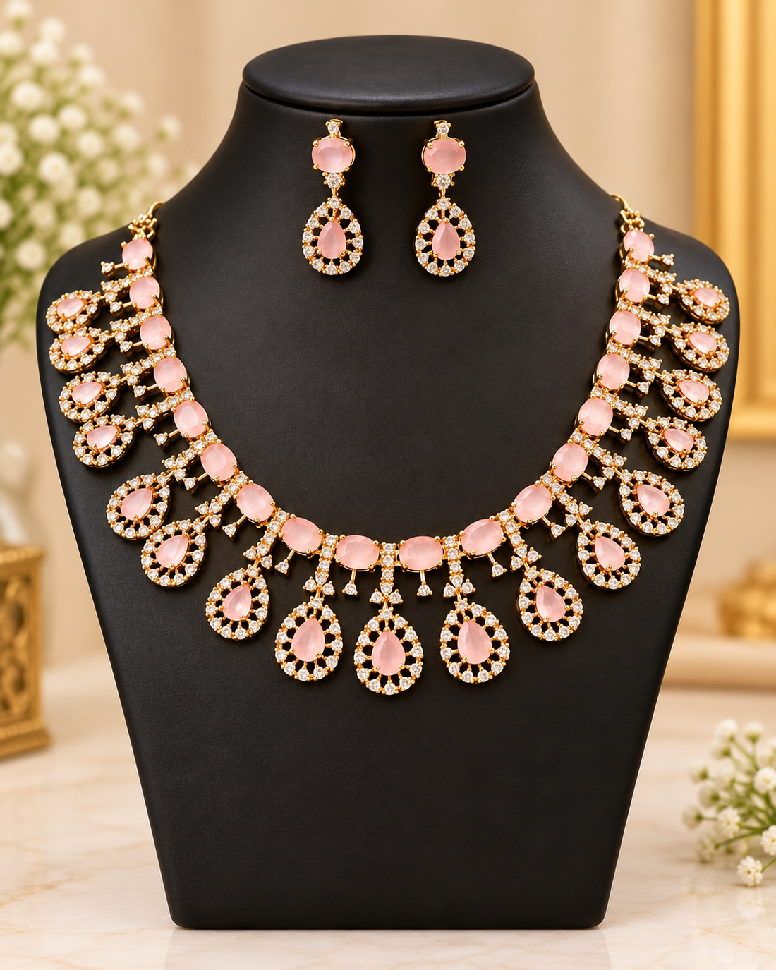 Gold-plated jewelry set featuring a statement necklace and matching drop earrings with pink teardrop-shaped stones and clear rhinestone accents, displayed on a black mannequin bust.