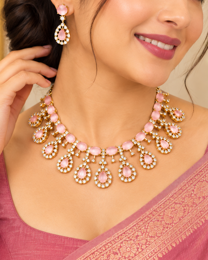 Pink American Diamond Necklace Set | L20020