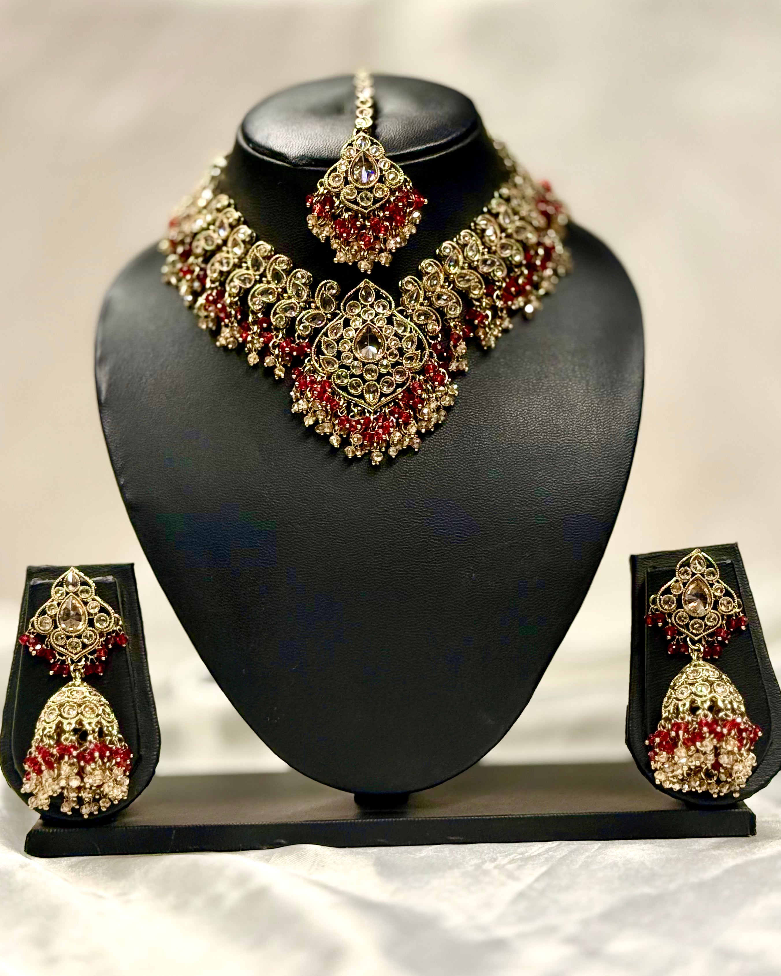Gold-Plated Bridal Necklace Set with Red Stone Embellishments and Jhumka Earrings | L20042