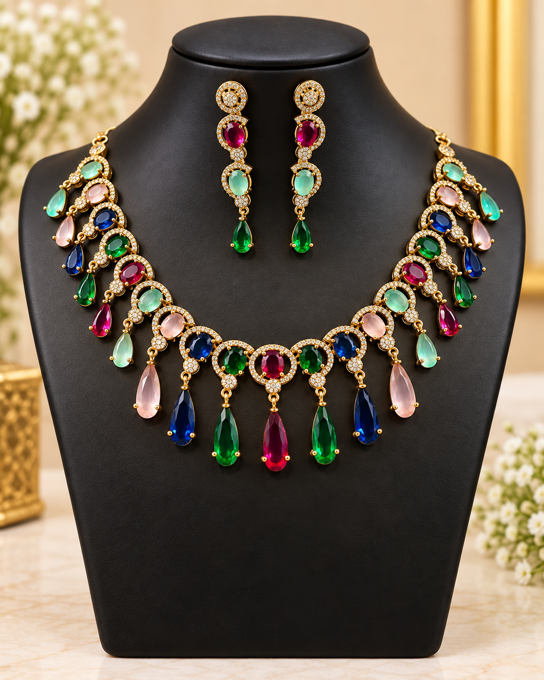 Multicolor American Diamond Necklace Set | L20648