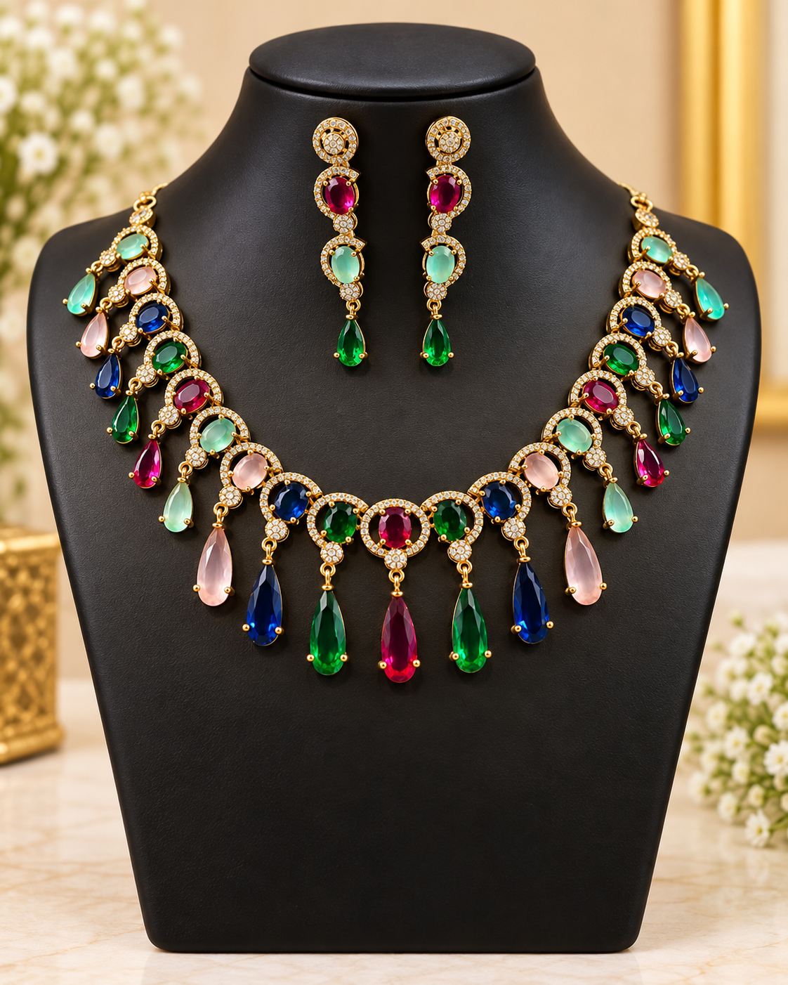 Multicolor American Diamond Necklace Set | L20648