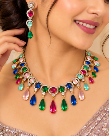 Multicolor American Diamond Necklace Set | L20648