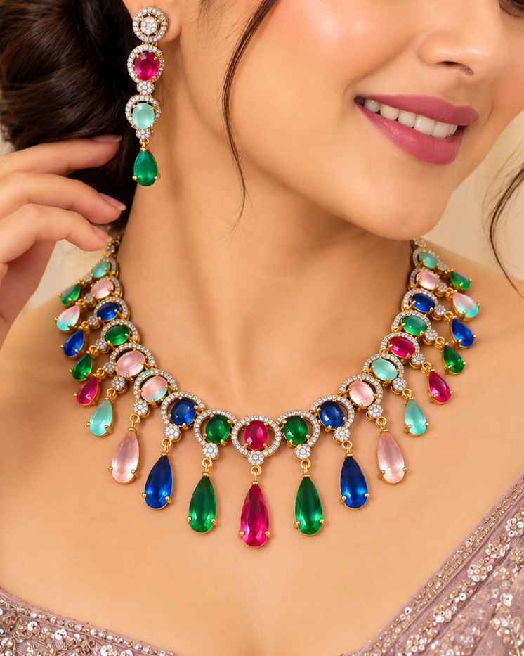 Multicolor American Diamond Necklace Set | L20648