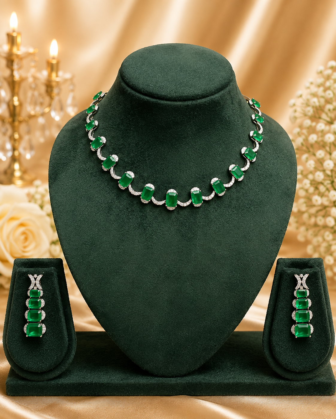 Green Stone American Diamond Necklace Set | L20672