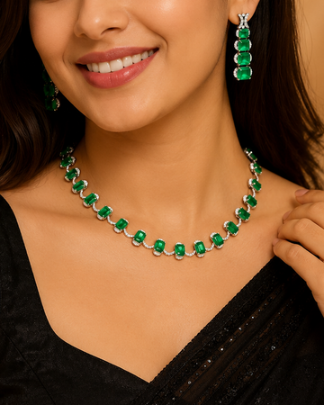 Green Stone American Diamond Necklace Set | L20672