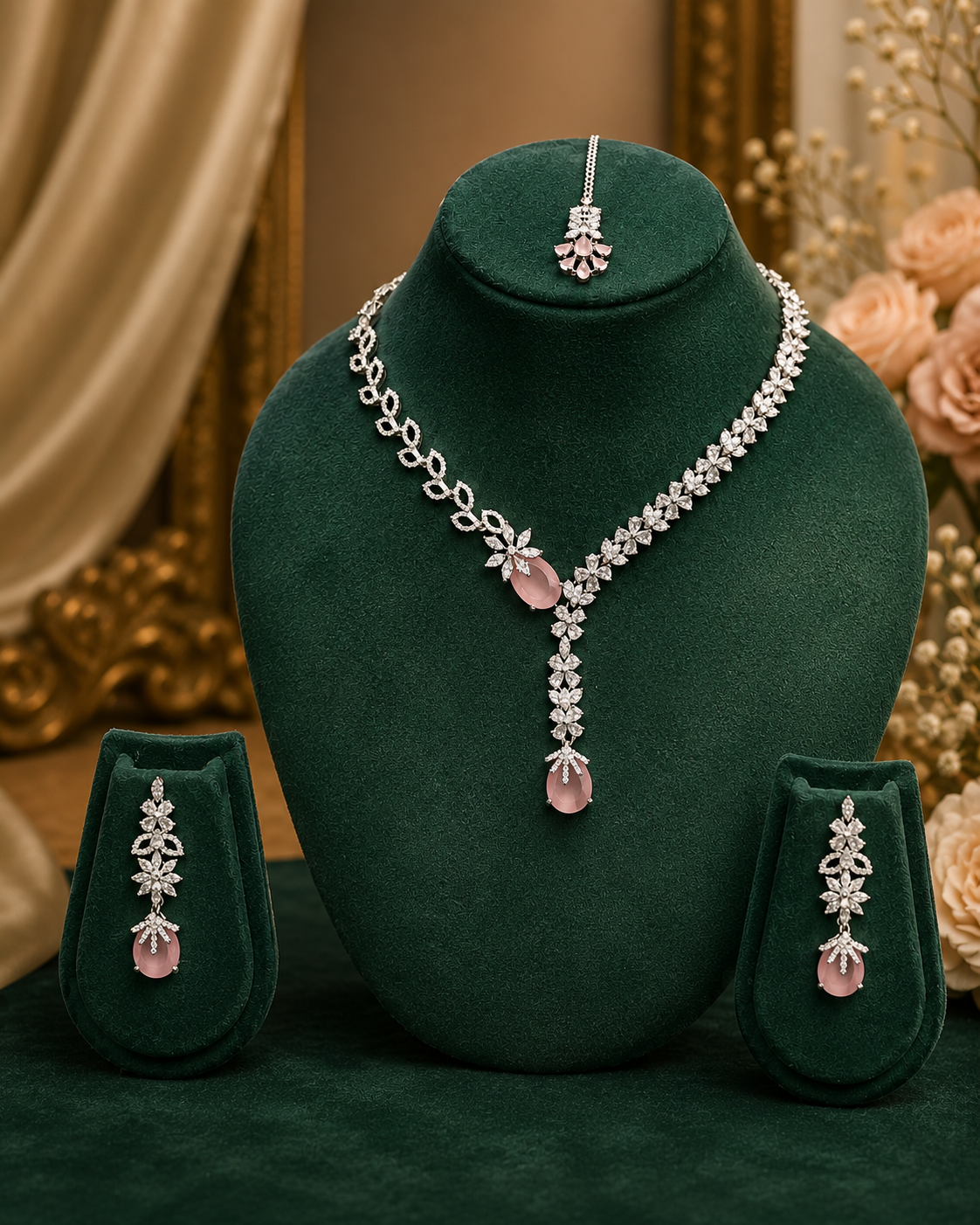 Pink Stone American Diamond Necklace Set | L20674