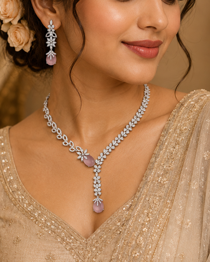 Pink Stone American Diamond Necklace Set | L20674