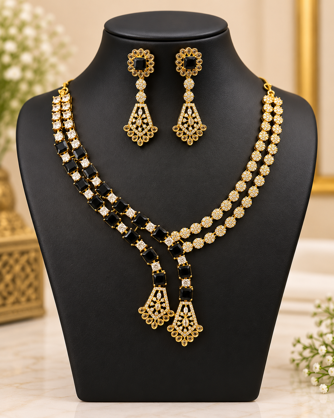 Black Gold American Diamond Necklace Set | L20687