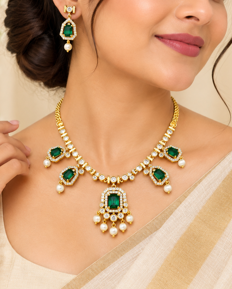 Green Pearl American Diamond Necklace Set | L2108172