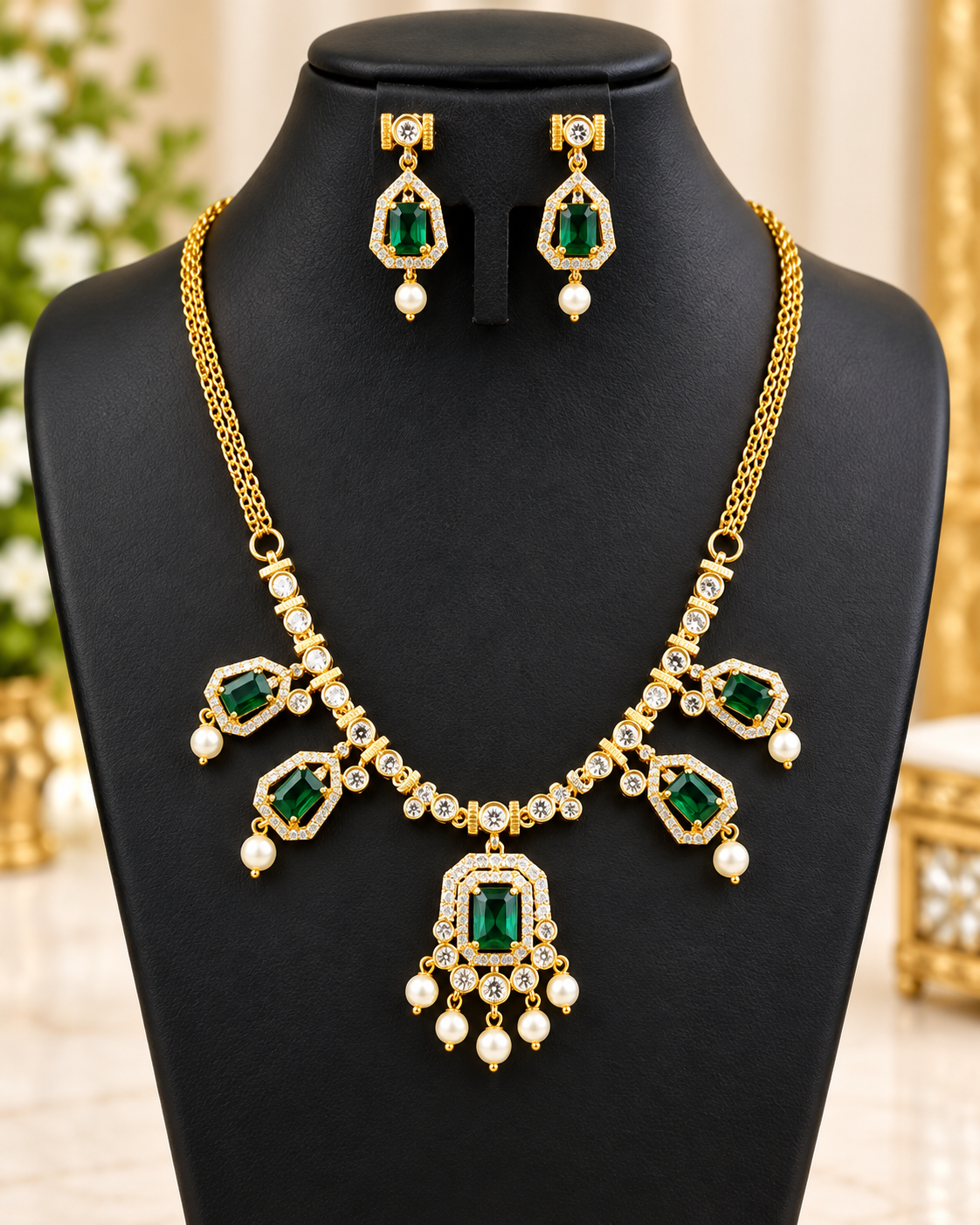 Green Pearl American Diamond Necklace Set | L2108172