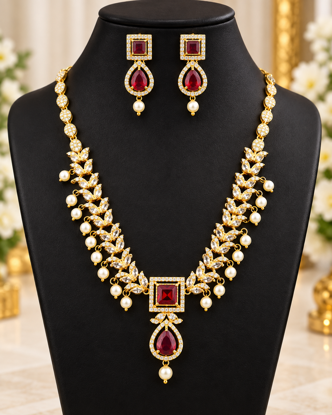 Ruby Pearl American Diamond Necklace Set | L2108205