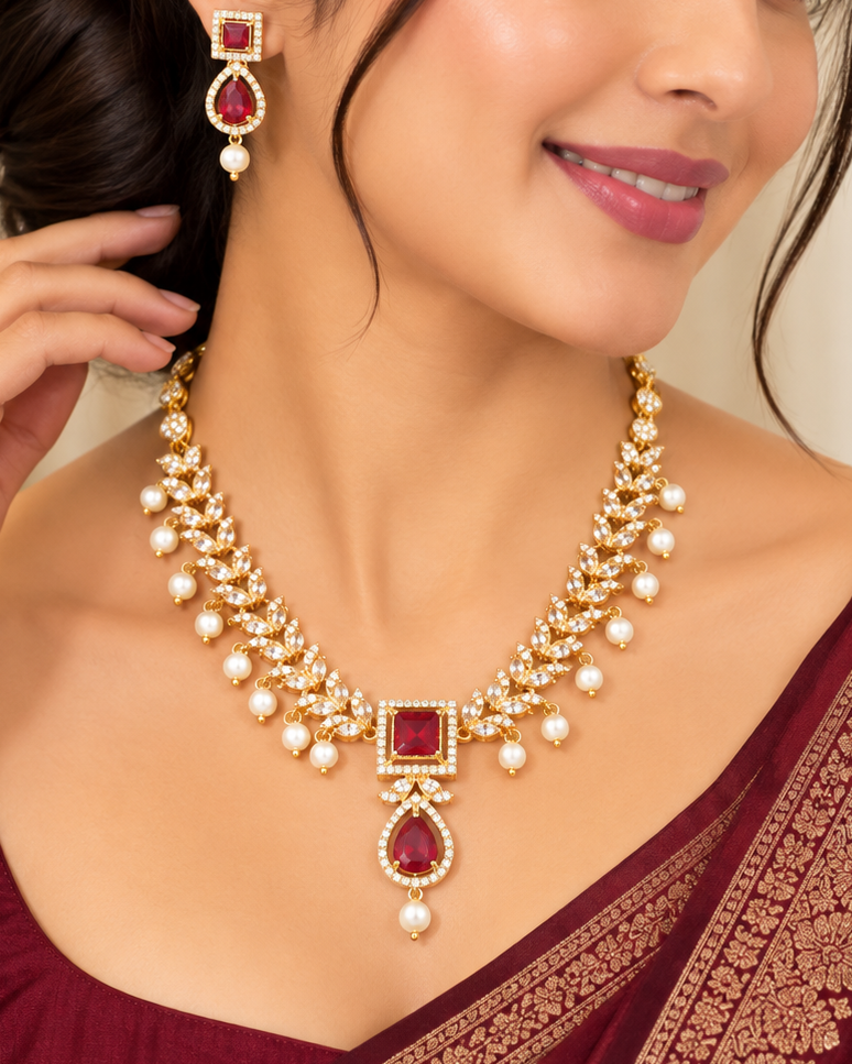 Ruby Pearl American Diamond Necklace Set | L2108205