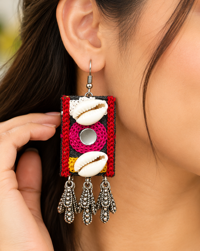 Colourful Fabric Cowrie Shell Earrings | L22501
