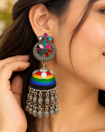 Colourful Fabric Oxidized Jhumka Earrings P-2 | L22855