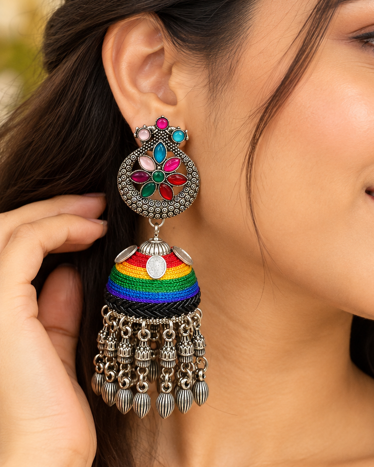 Colourful Fabric Oxidized Jhumka Earrings P-2 | L22855