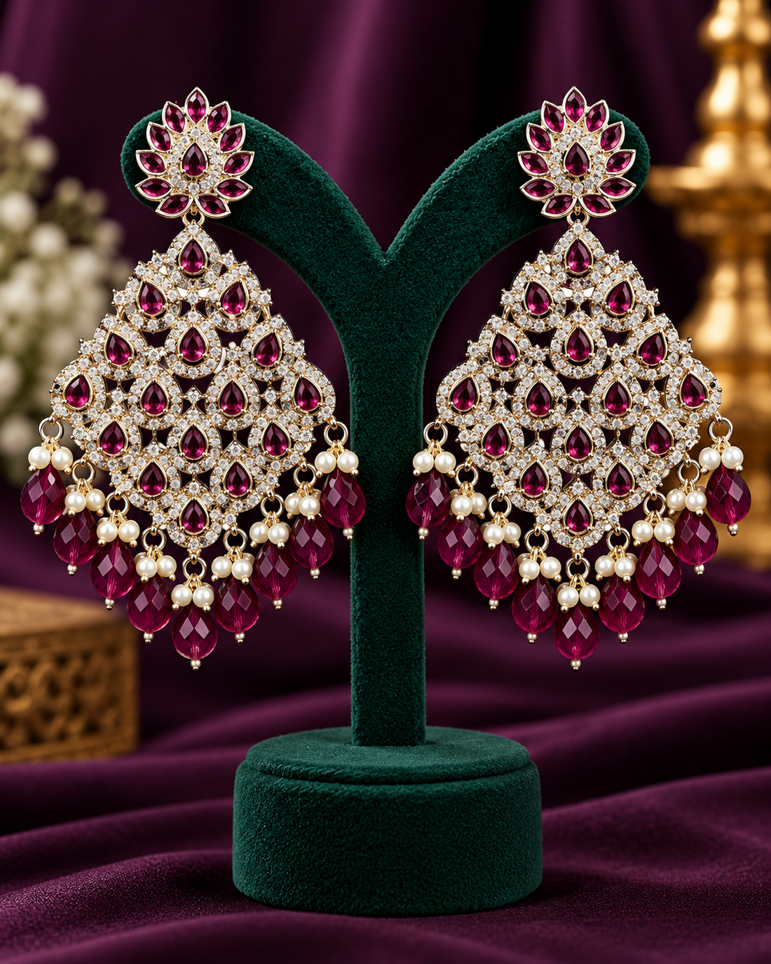Gold Plated Stone Chandbali Earrings with Pearl Beads & Crystal Embellishments | L2313