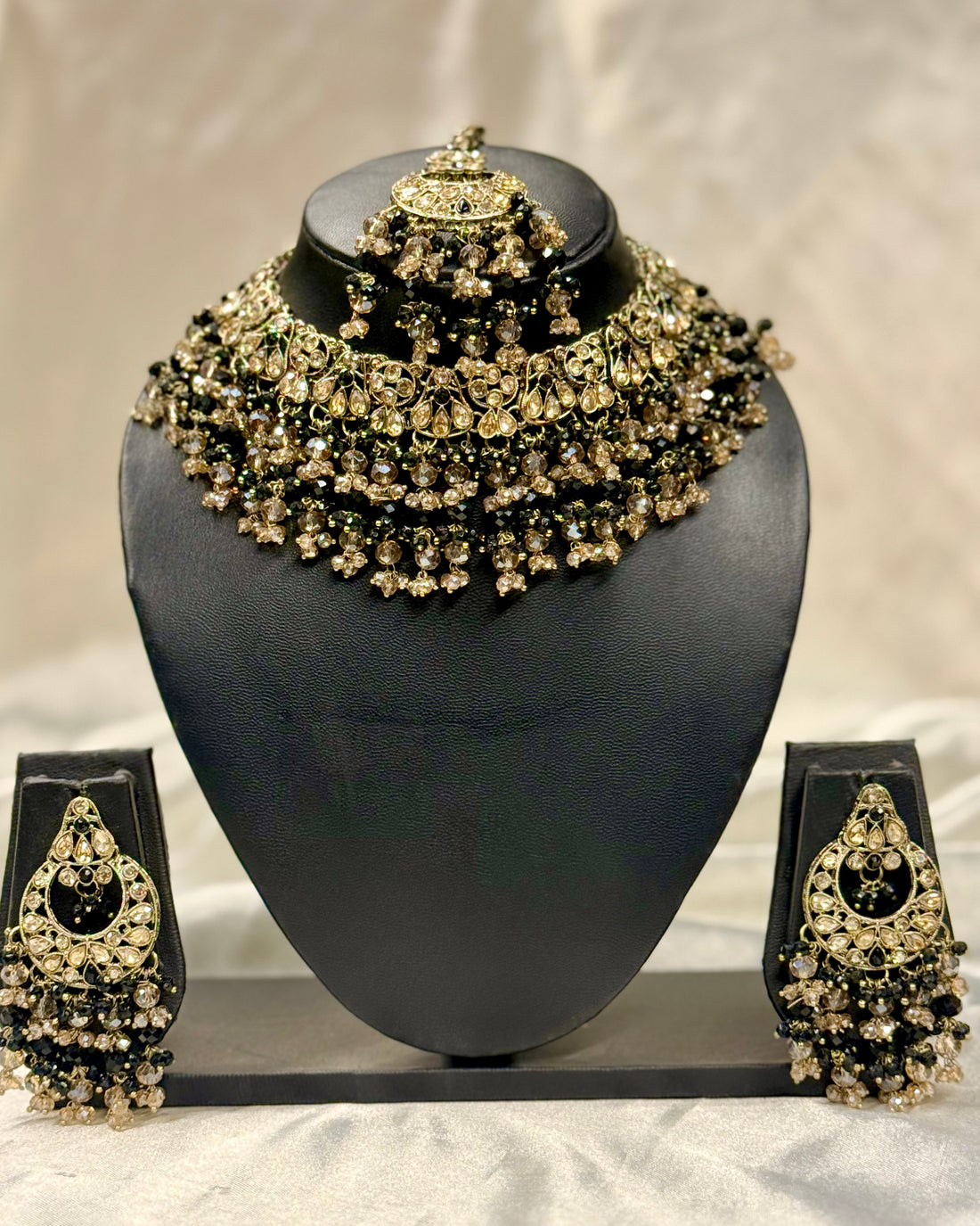 Bridal Necklace Set with Black Beads, Crystal Stones and Matching Earrings | L23974