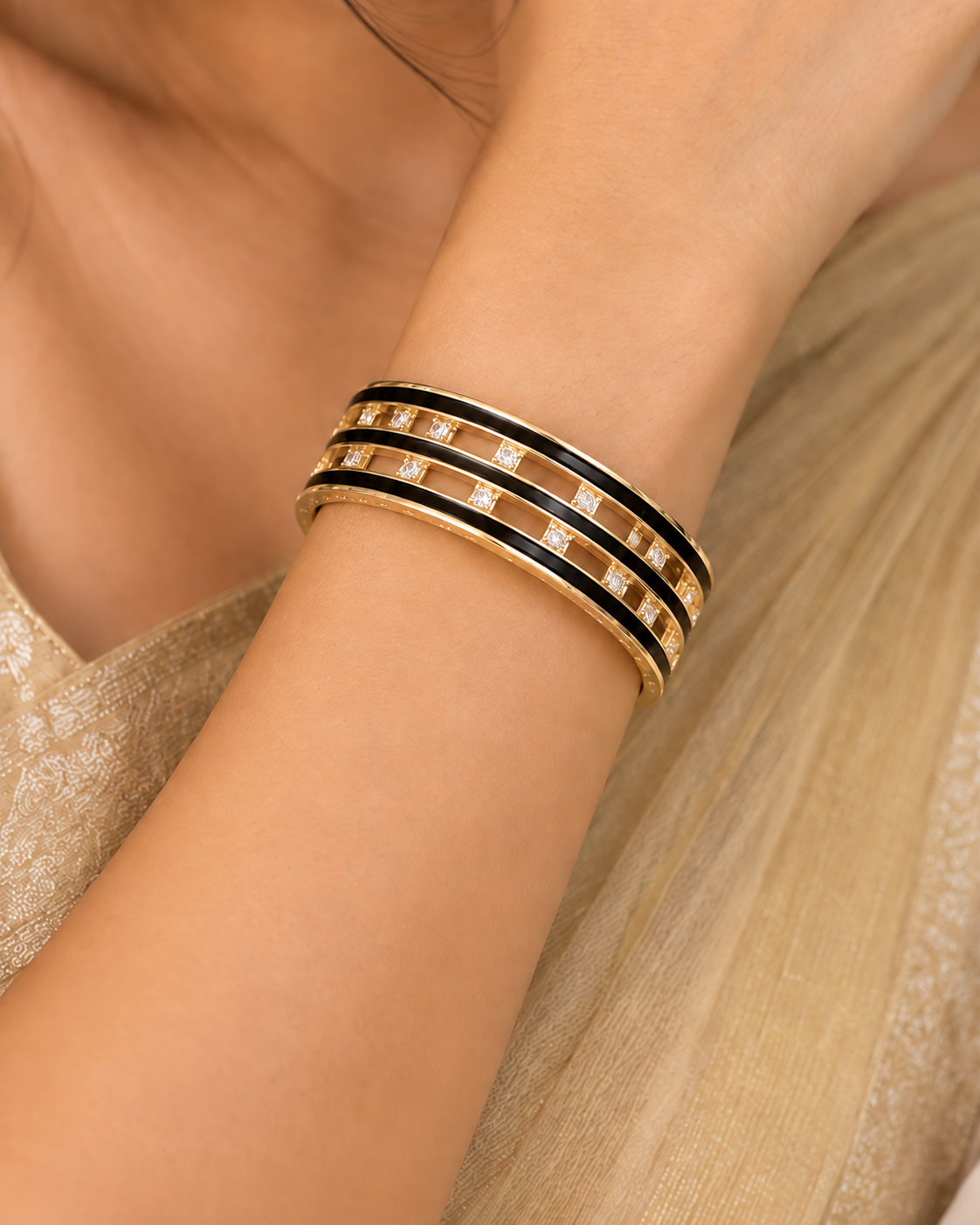 Gold Bangle with Black Enamel Double Stripe & CZ Stone - P3 | L410