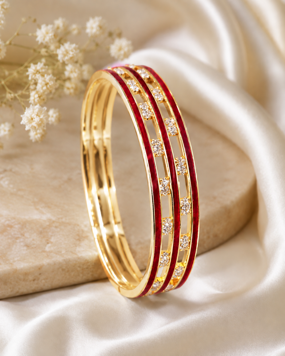 Gold Bangle with Red Enamel Double Stripe & CZ Stone - P2 | L410