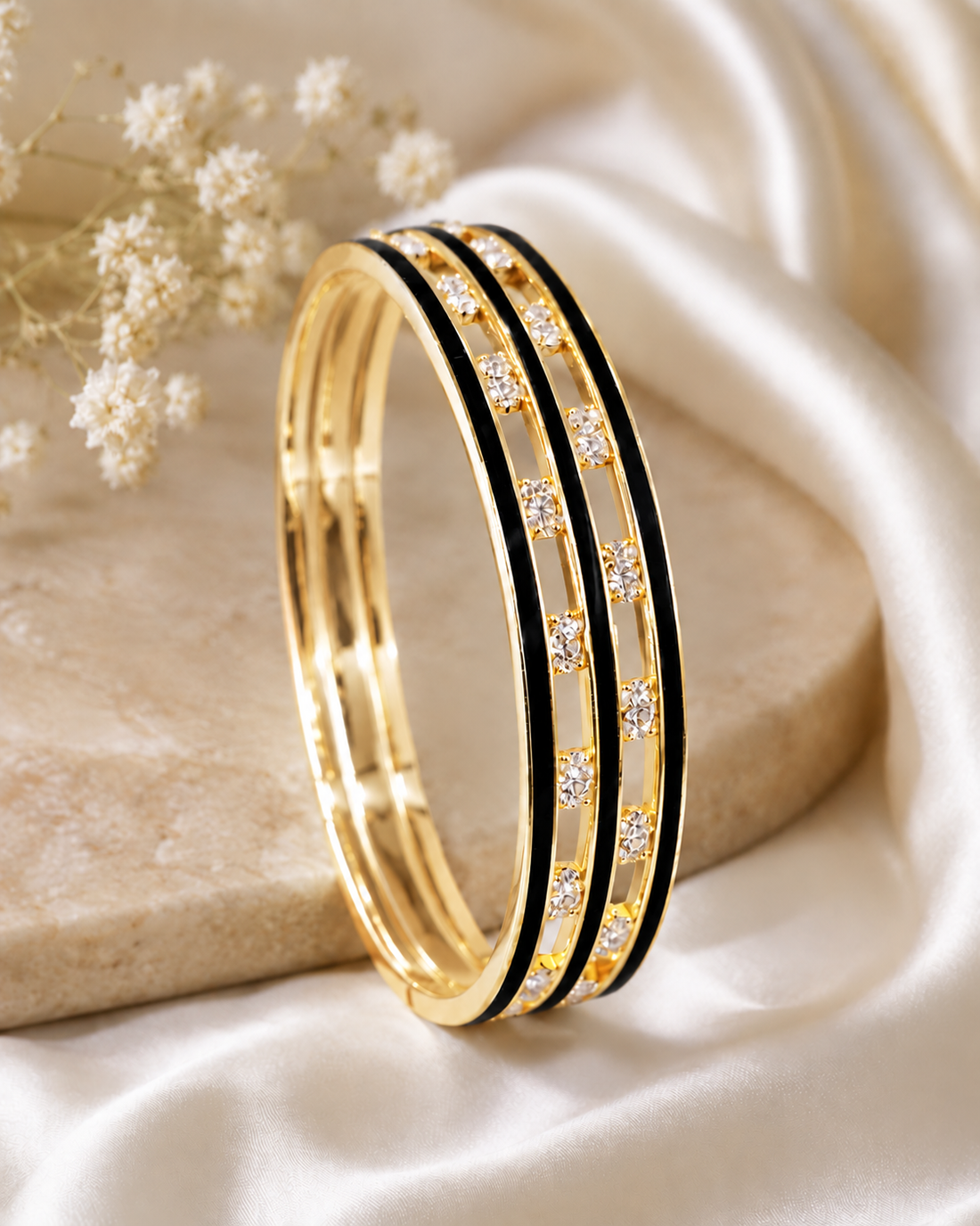 Gold Bangle with Black Enamel Double Stripe & CZ Stone - P3 | L410