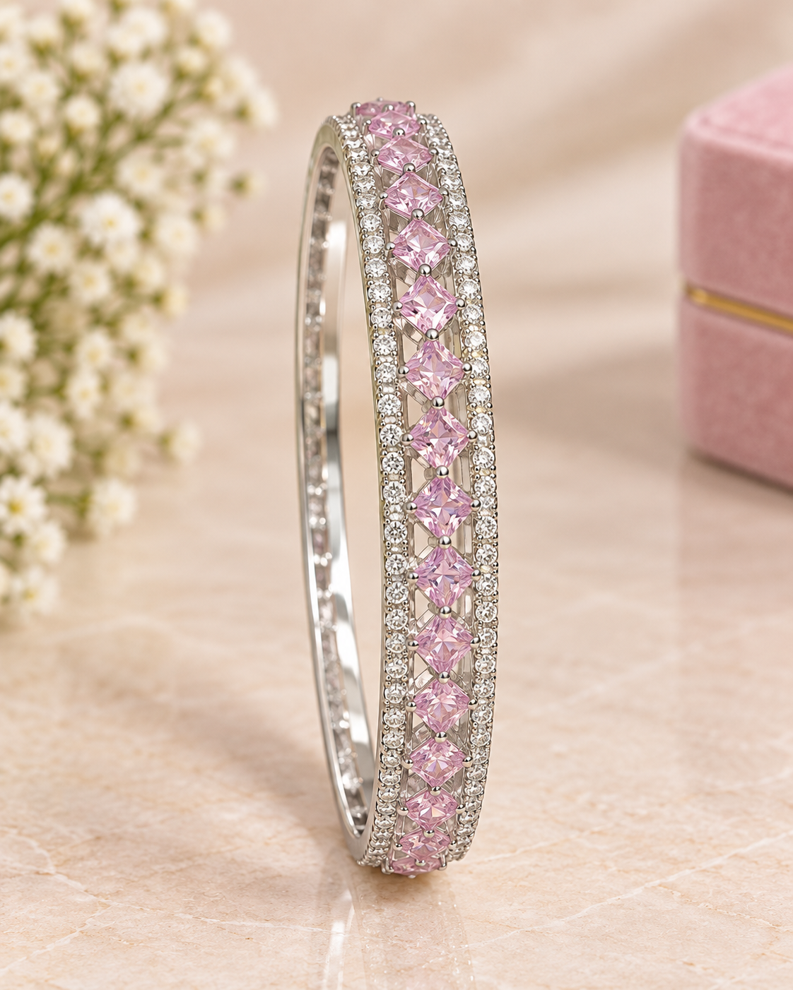 Pink Stone Silver Bangle | L414