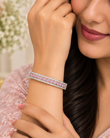 Pink Stone Silver Bangle | L414