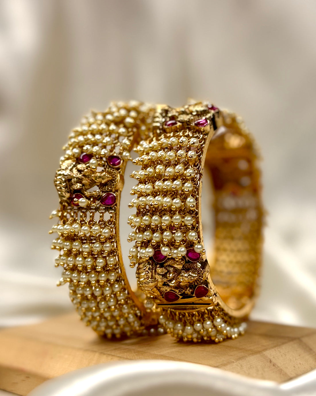 Gold-Toned Pearl Beaded Bangle  with Pink Stone Embellishments - 1 BANGLE | L5098