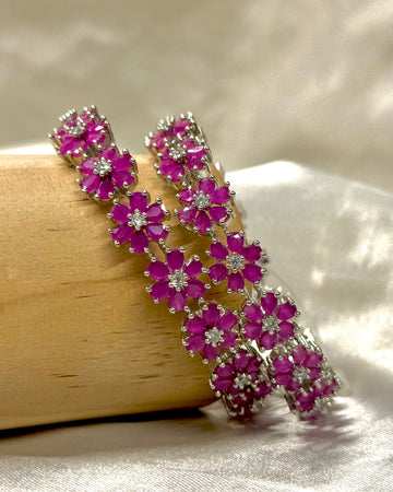 Silver-Plated Pink Stone Floral Bangles with White Stone Accents - 1 BANGLE | L5128