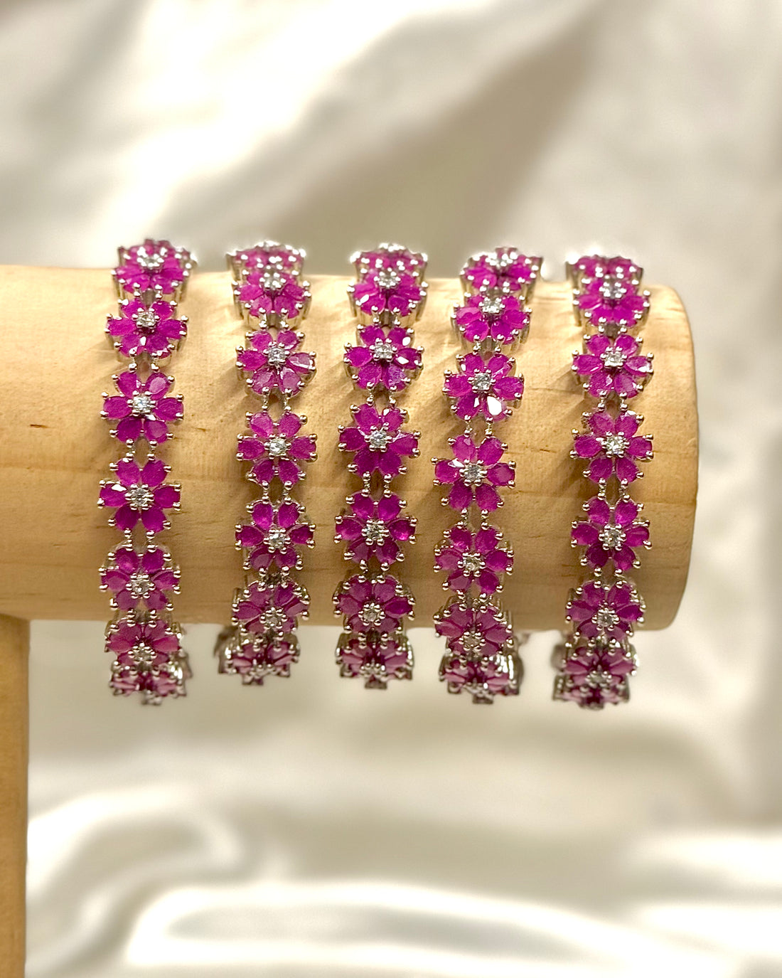 Silver-Plated Pink Stone Floral Bangles with White Stone Accents - 1 BANGLE | L5128