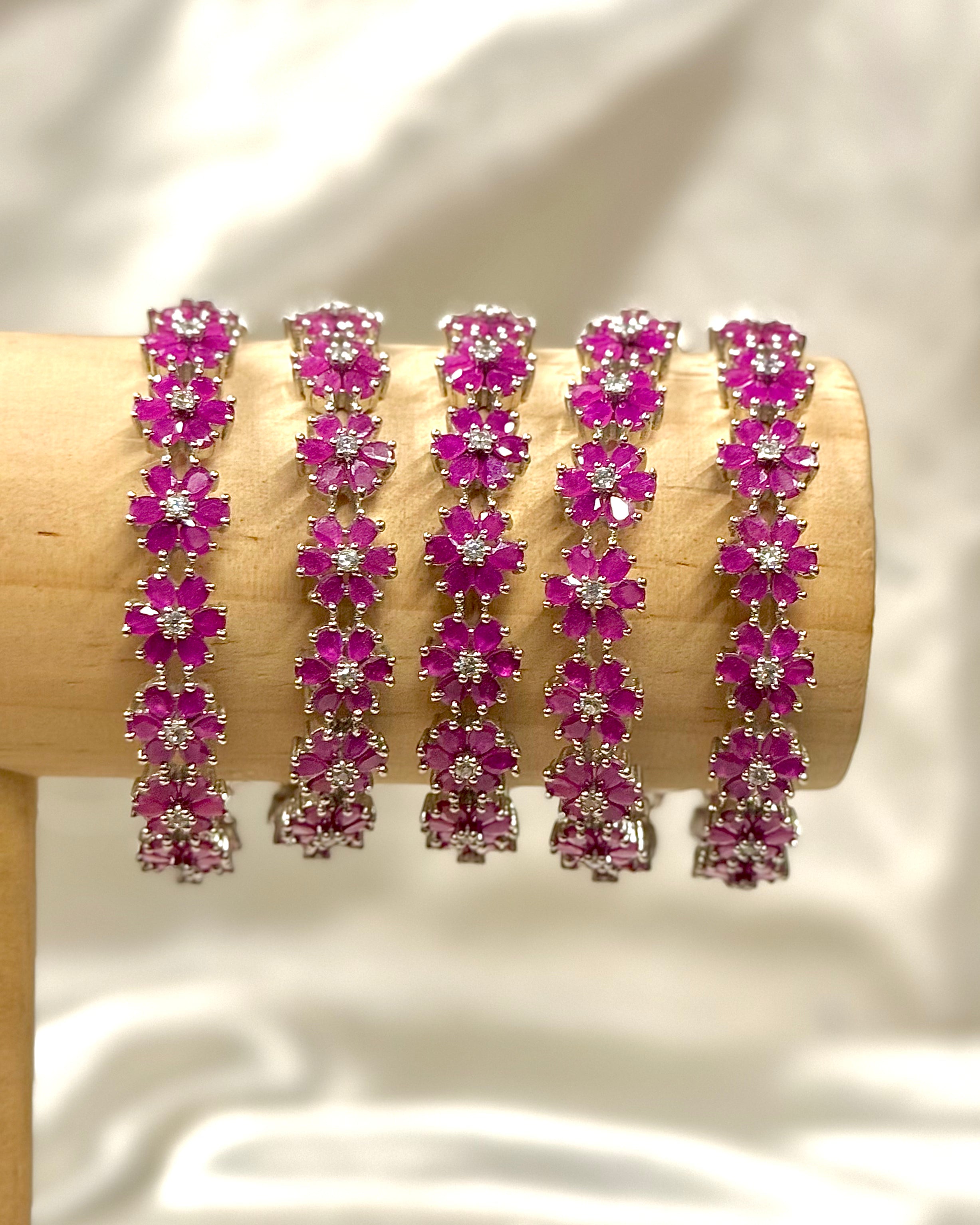 Silver-Plated Pink Stone Floral Bangles with White Stone Accents - 1 BANGLE | L5128