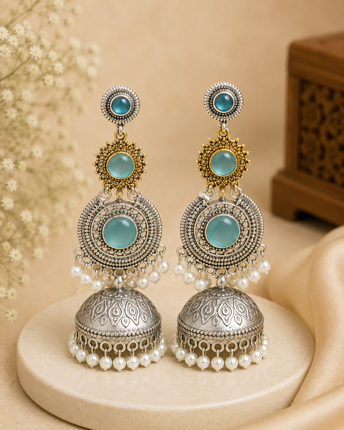 Aqua Blue Oxidized Jhumka Earrings | L7304