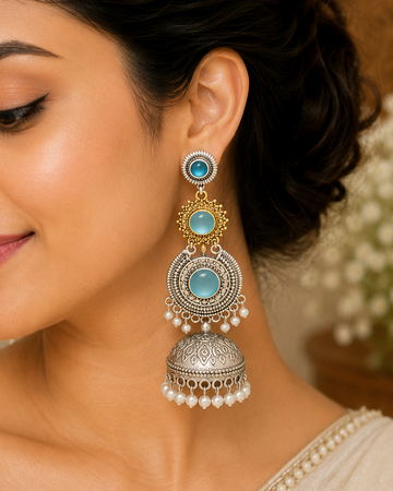 Aqua Blue Oxidized Jhumka Earrings | L7304