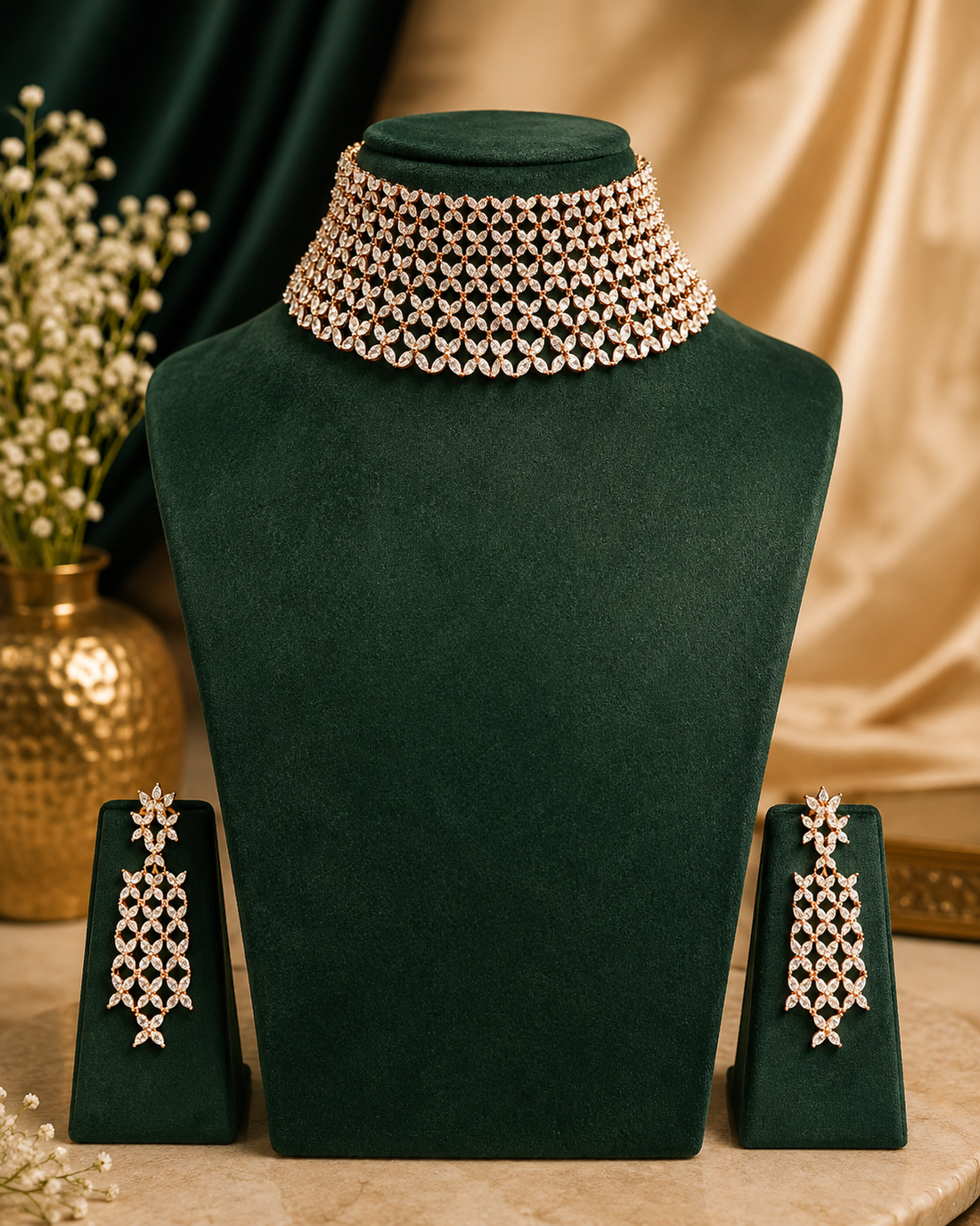 A woman wearing a sparkling gold-toned choker necklace and matching drop earrings, styled with a dark green velvet saree against a warm, elegant background.