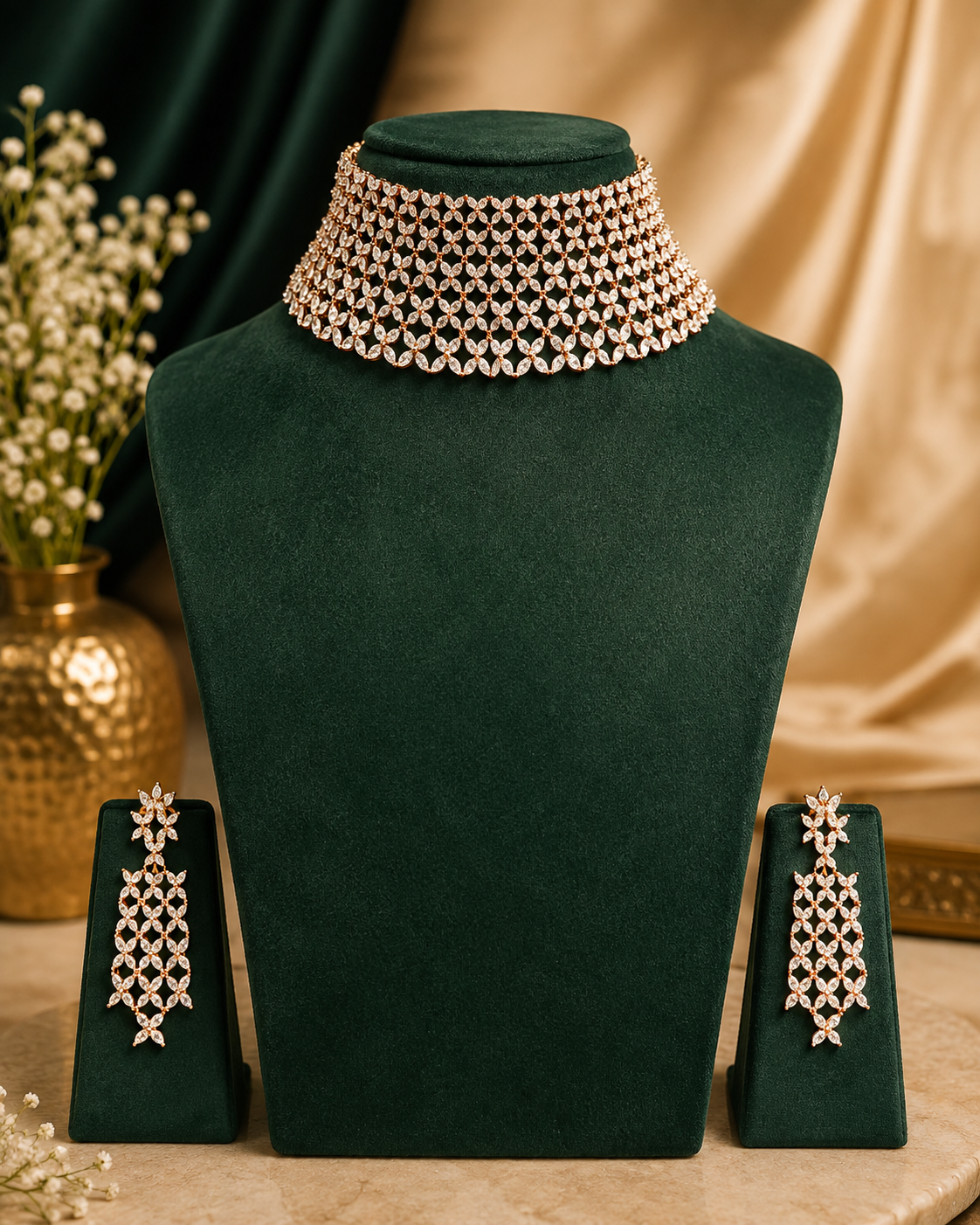 CZ Mesh Rose Gold Choker Necklace Set with Tassel Earrings | L7806