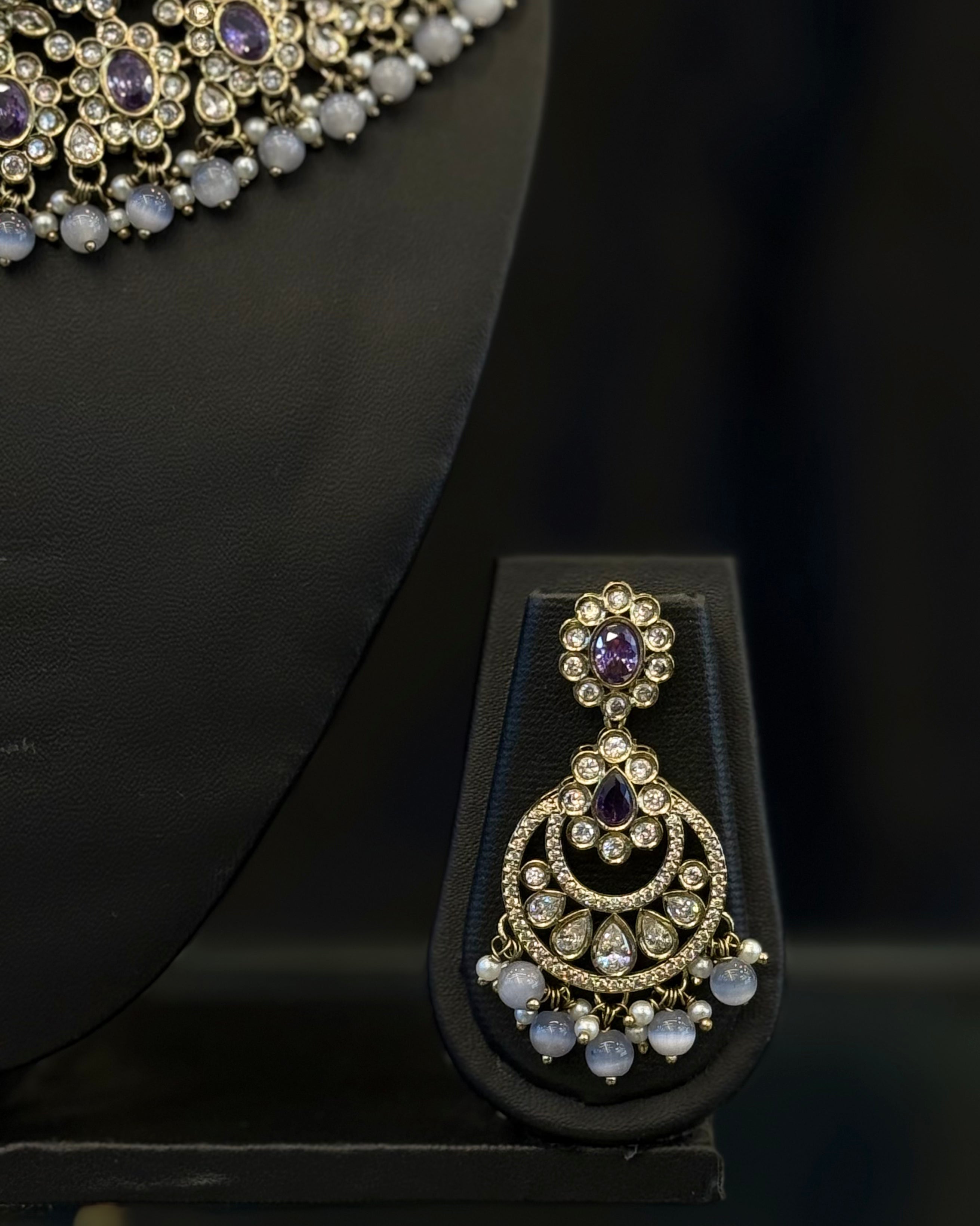 Premium American Diamond Necklace Set with Purple Stones and Pearl Drops | L7822