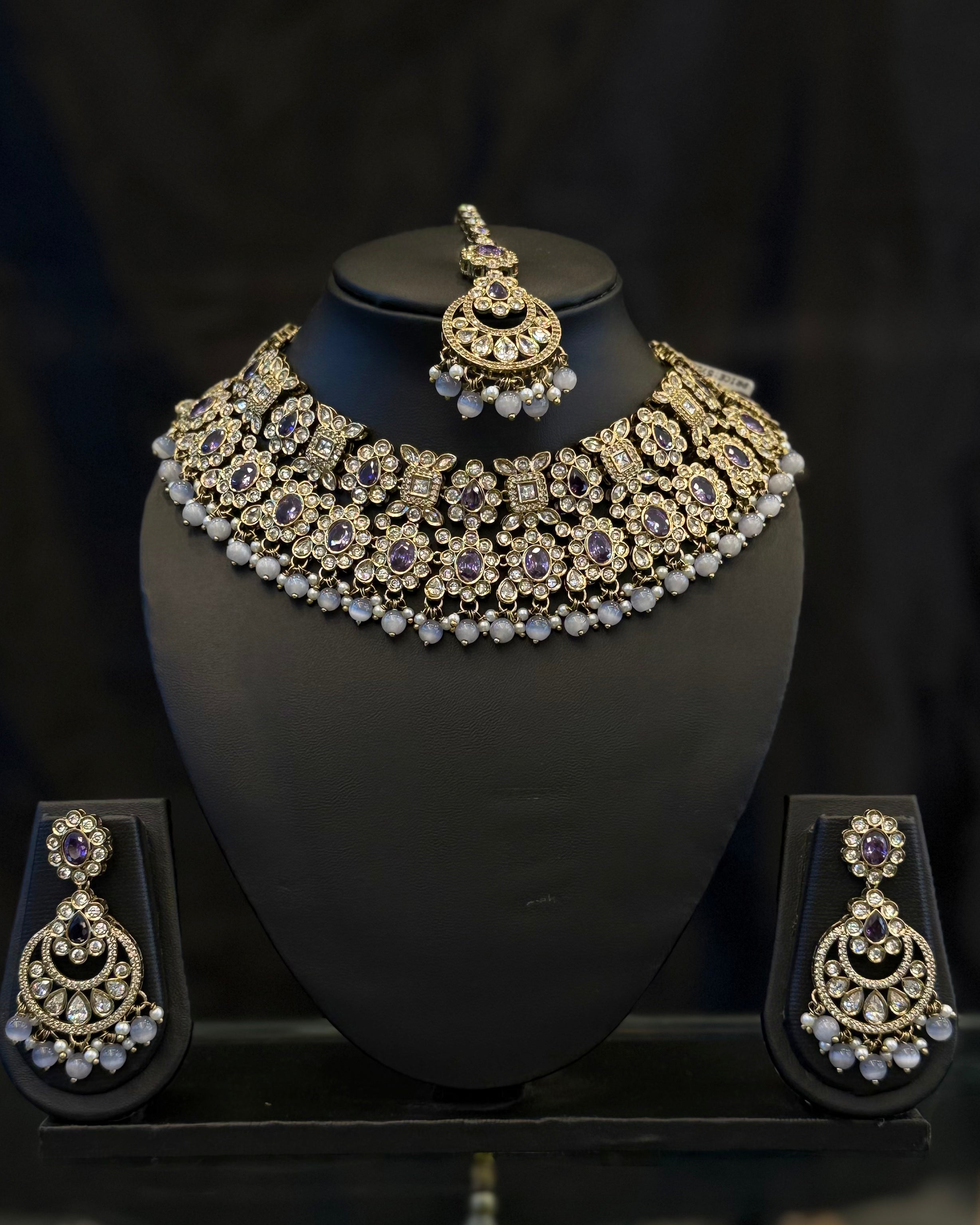 Premium American Diamond Necklace Set with Purple Stones and Pearl Drops | L7822