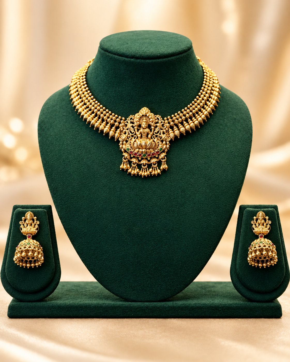 Antique Gold Plated Lakshmi Temple Necklace Set with Traditional Jhumka Earrings | L7857
